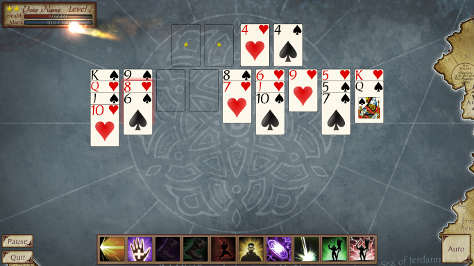 FreeCell Quest Screenshot (Official Website): Dodge attacks coming from buried cards by uncovering them.