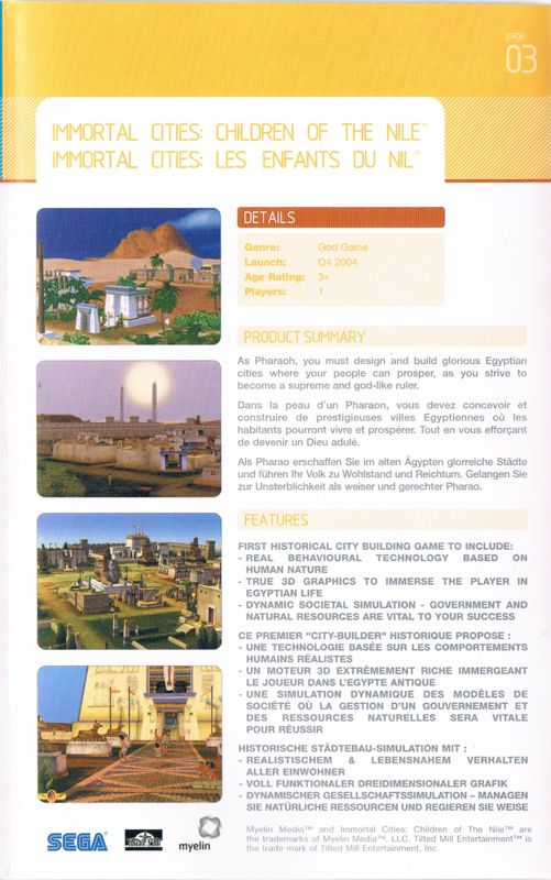 Immortal Cities: Children of the Nile Screenshot (Sega catalogue 2004: product description for 'Immortal Cities: Children of the Nile'): Sega game catalogue INS-SGBK01-EU page 03
