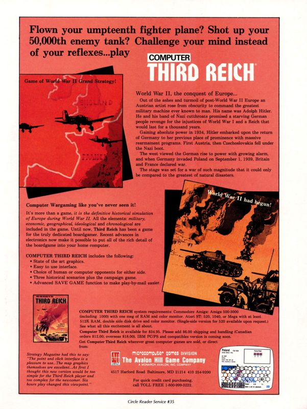Third Reich Magazine Advertisement (Magazine Advertisements): Computer Gaming World (United States) Issue 92 (March 1992)