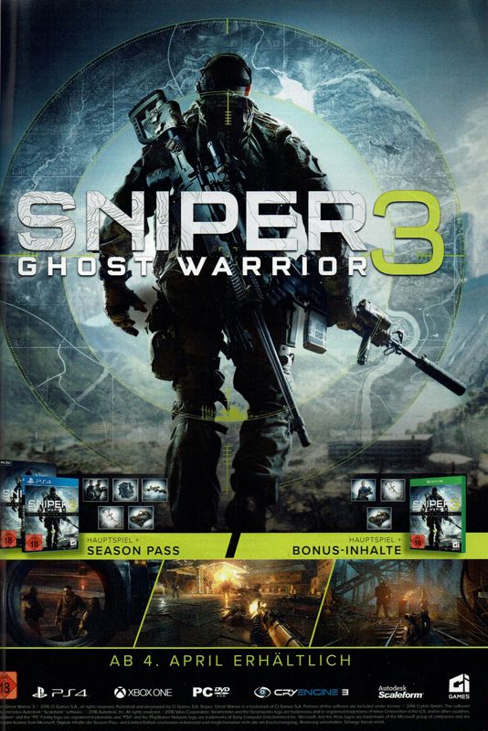 Sniper: Ghost Warrior 3 (Season Pass Edition) Magazine Advertisement (Magazine Advertisements): GameStar (Germany), Issue 03/2017