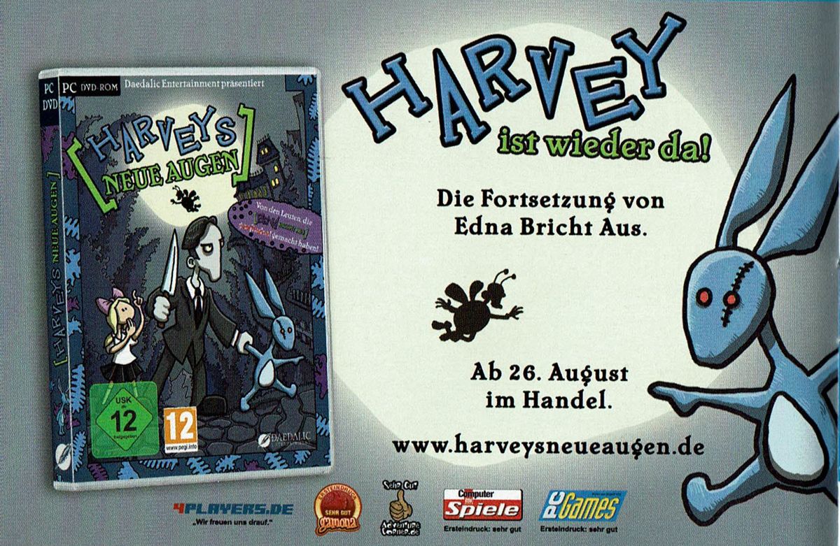 Edna & Harvey: Harvey's New Eyes Magazine Advertisement (Magazine Advertisements): PC Games (Germany), Issue 08/2011 GamesCom Insert