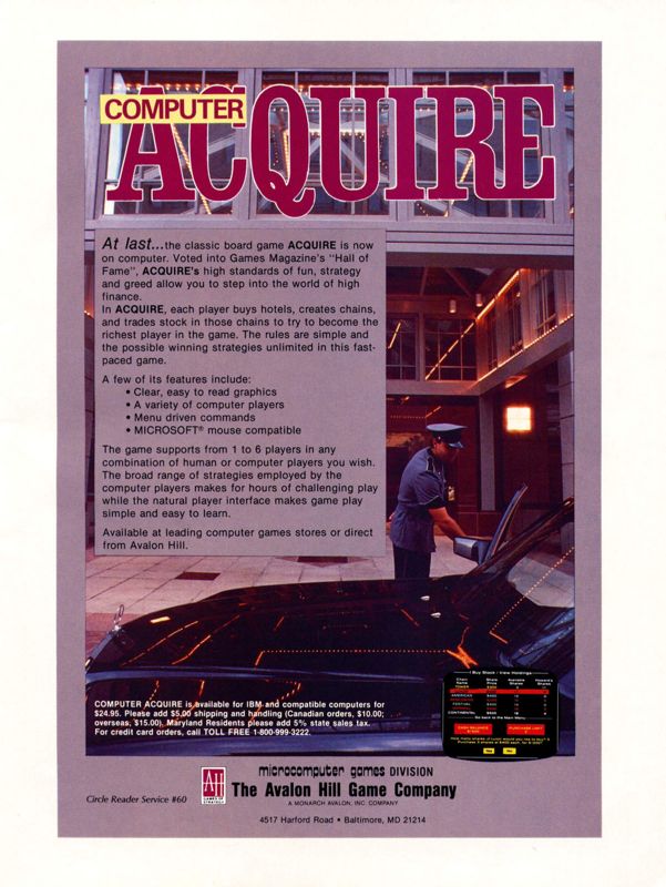 Computer Acquire Magazine Advertisement (Magazine Advertisements): Computer Gaming World (United States) Issue 93 (April 1992)