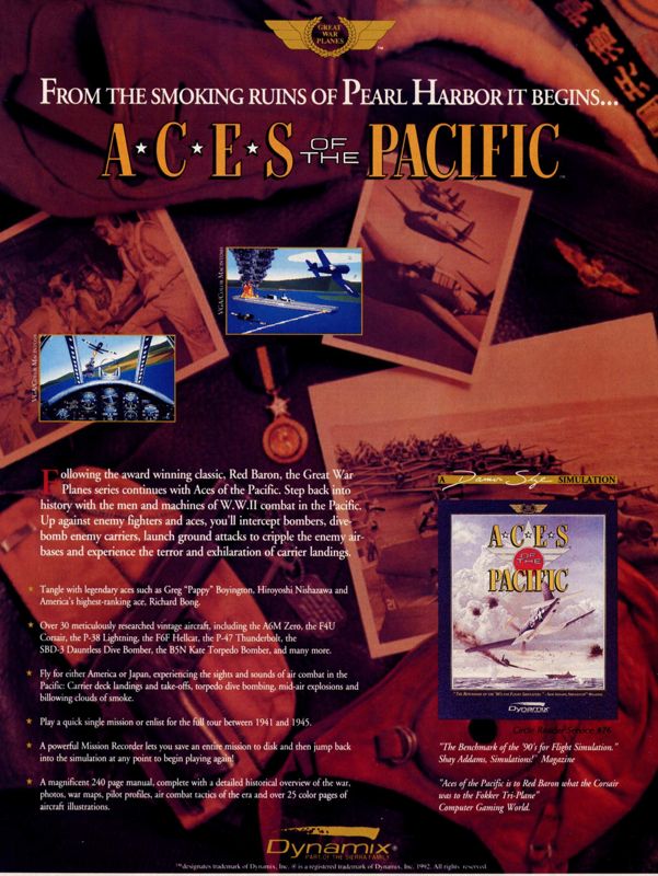 Aces of the Pacific Magazine Advertisement (Magazine Advertisements): Computer Gaming World (United States) Issue 95 (June 1992)