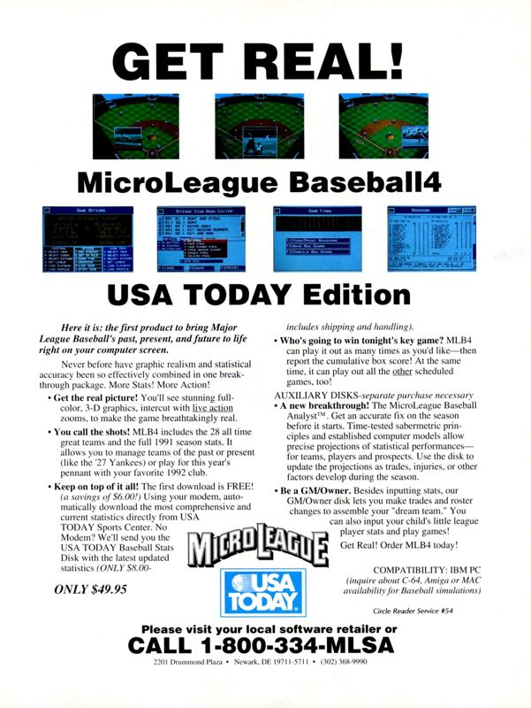 MicroLeague Baseball IV Magazine Advertisement (Magazine Advertisements): Computer Gaming World (United States) Issue 94 (May 1992)