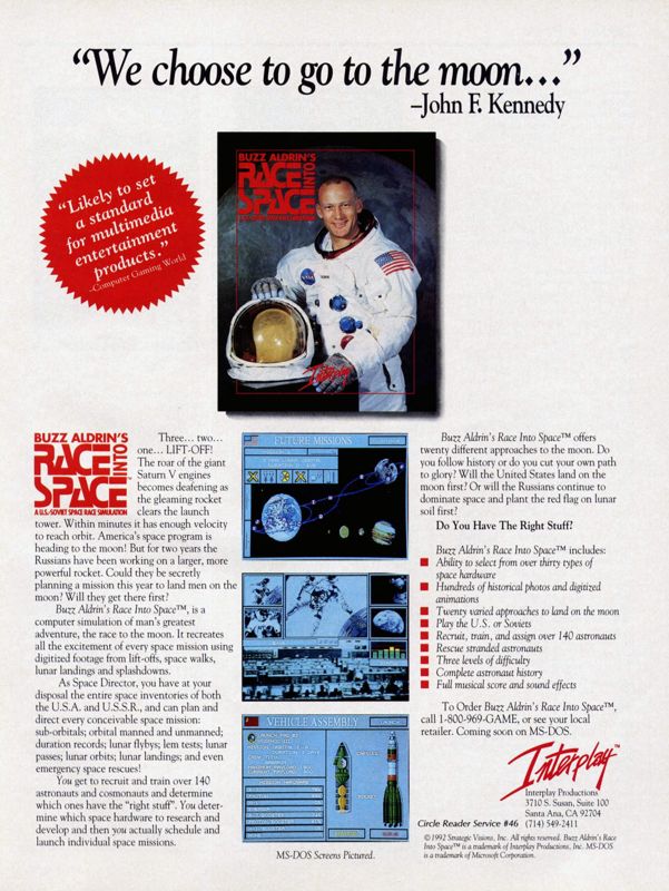 Buzz Aldrin's Race into Space Magazine Advertisement (Magazine Advertisements): Computer Gaming World (United States) Issue 94 (May 1992)