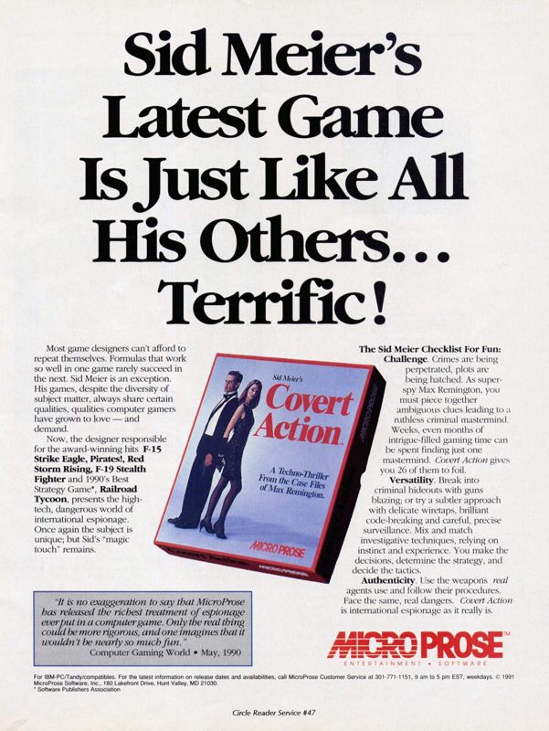 Sid Meier's Covert Action Magazine Advertisement (Magazine Advertisements): Computer Gaming World (United States) Issue 84 (July 1991)