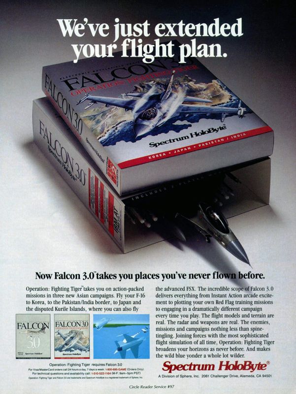 Falcon 3.0: Operation: Fighting Tiger Magazine Advertisement (Magazine Advertisements): Computer Gaming World (United States) Issue 96 (July 1992)