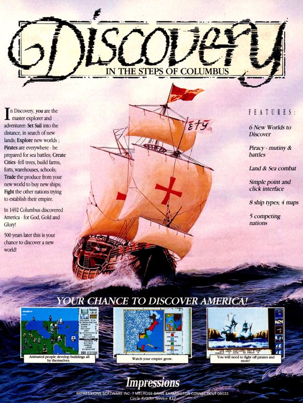 Discovery: In the Steps of Columbus Magazine Advertisement (Magazine Advertisements): Computer Gaming World (United States) Issue 98 (Sept 1992)