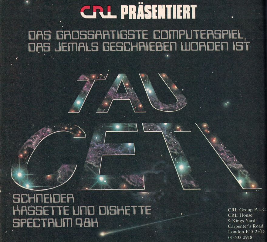 Tau Ceti: The Lost Star Colony Magazine Advertisement (Magazine Advertisements): ASM (Germay), Issue 3/1986