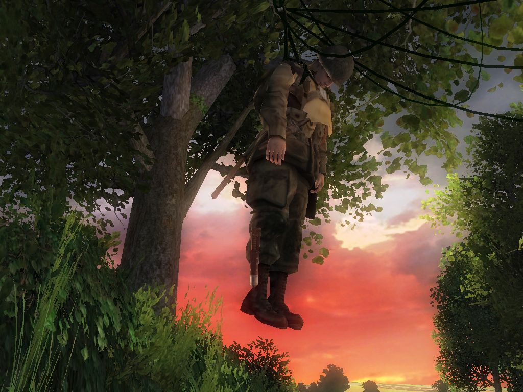 Brothers in Arms: Road to Hill 30 Screenshot (Ubisoft Product Catalog 2004-2005 CD-ROM): Brothers In Arms Hanging Paratrooper