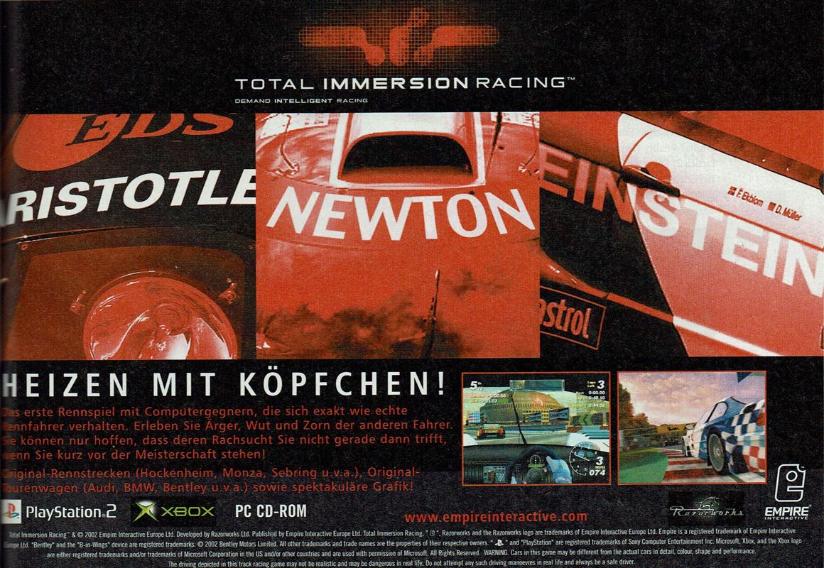 Total Immersion Racing Magazine Advertisement (Magazine Advertisements): GameStar (Germany), Issue 12/2002