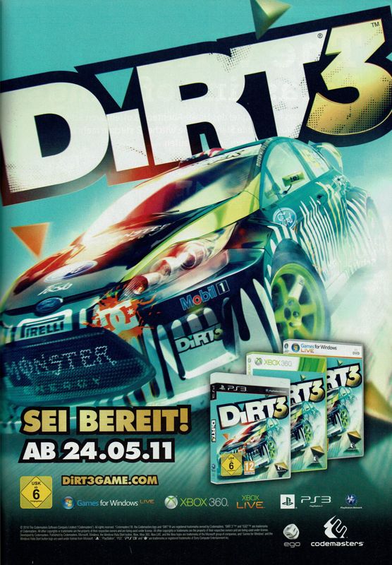 DiRT 3 Magazine Advertisement (Magazine Advertisements): GameStar (Germany), Issue 06/2011