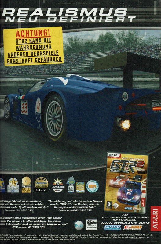 GTR 2: FIA GT Racing Game Magazine Advertisement (Magazine Advertisements): GameStar (Germany), Issue 11/2006