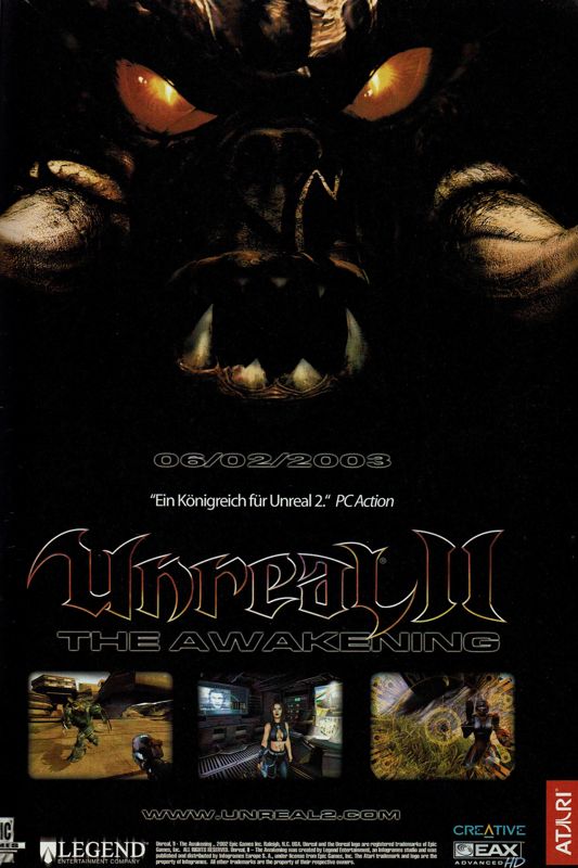 Unreal II: The Awakening Magazine Advertisement (Magazine Advertisements): GameStar (Germany), Issue 02/2003
