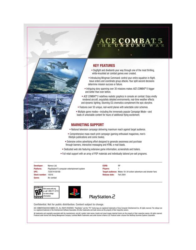 Ace Combat 5: The Unsung War Other (Namco Marketing Assets CD-ROM): Sell sheet - back