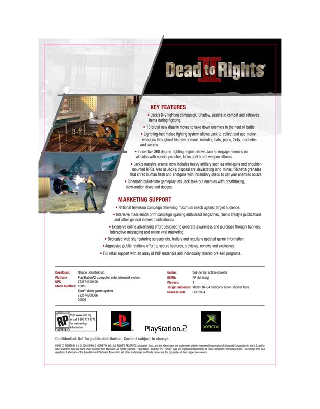 Dead to Rights II Other (Namco 2004 Marketing Assets CD-ROM): Sell sheet - back