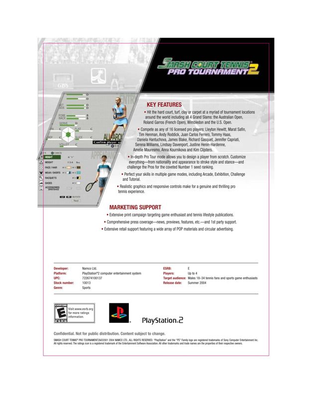 Smash Court Tennis: Pro Tournament 2 Other (Namco 2004 Marketing Assets CD-ROM): Sell sheet - back