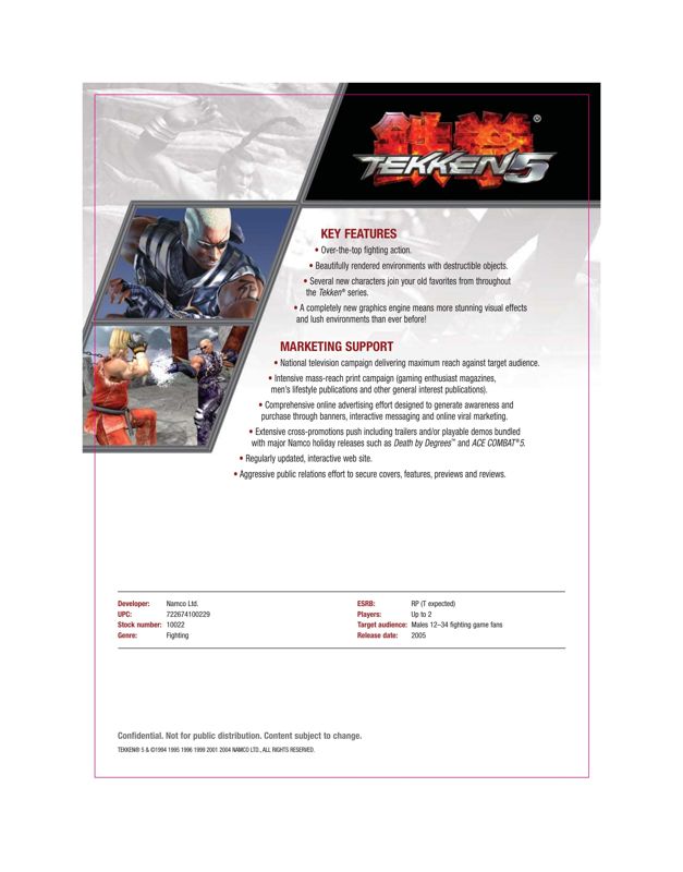 Tekken 5 Other (Namco 2004 Marketing Assets CD-ROM): Sell sheet - back