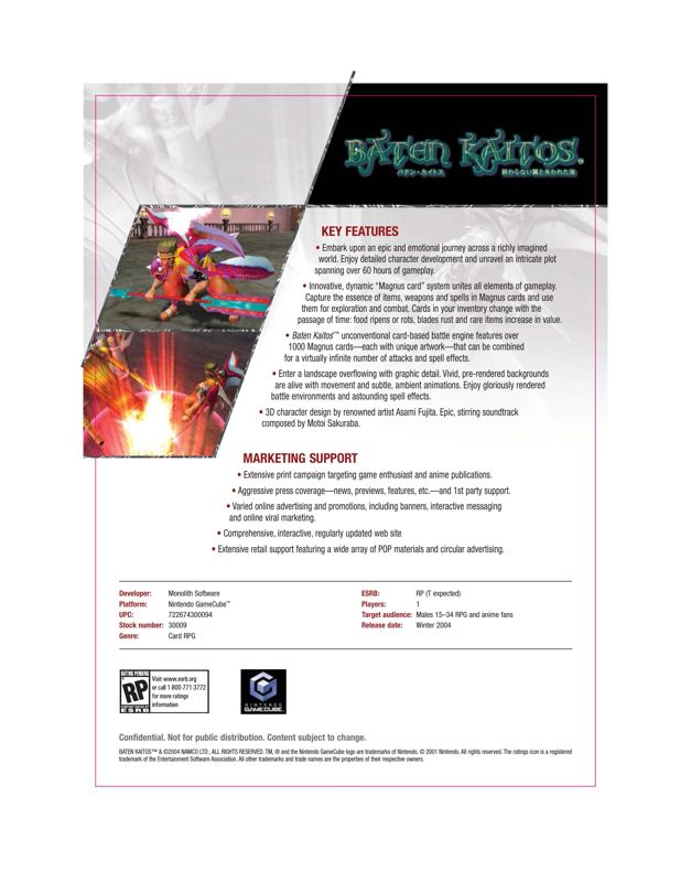 Baten Kaitos: Eternal Wings and the Lost Ocean Other (Namco 2004 Marketing Assets CD-ROM): Sell sheet - back