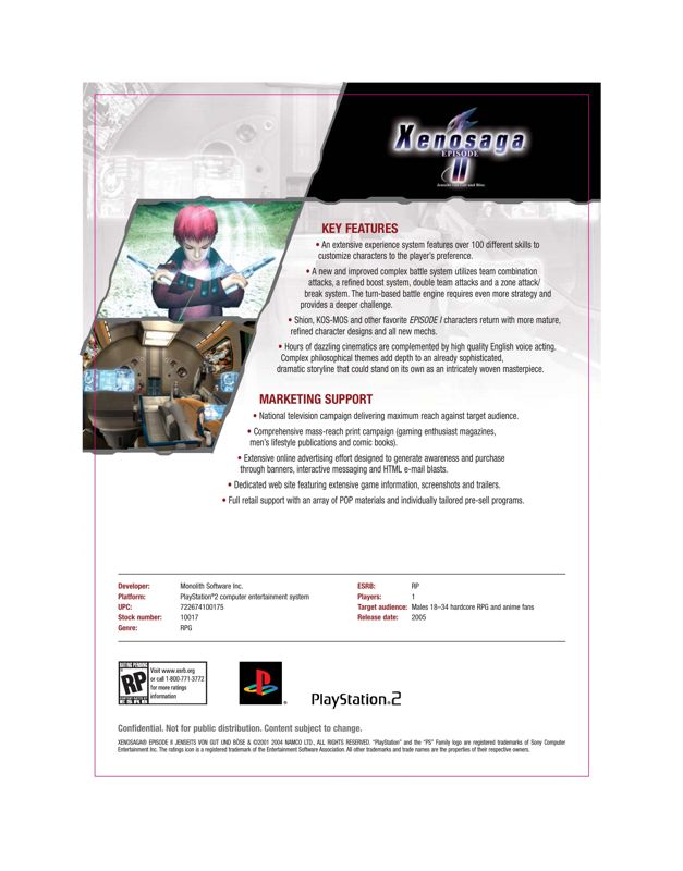 Xenosaga: Episode II - Jenseits von Gut und Böse Other (Namco 2004 Marketing Assets CD-ROM): Sell sheet - back