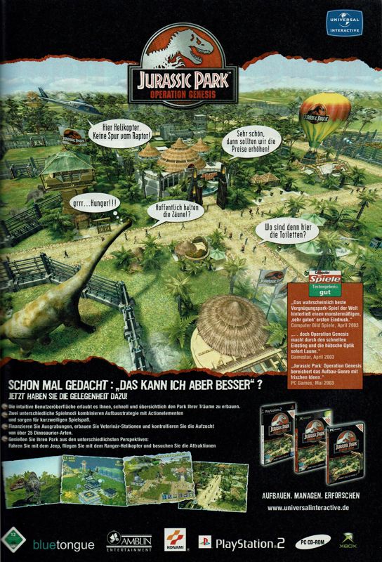 Jurassic Park: Operation Genesis Magazine Advertisement (Magazine Advertisements): GameStar (Germany), Issue 06/2003