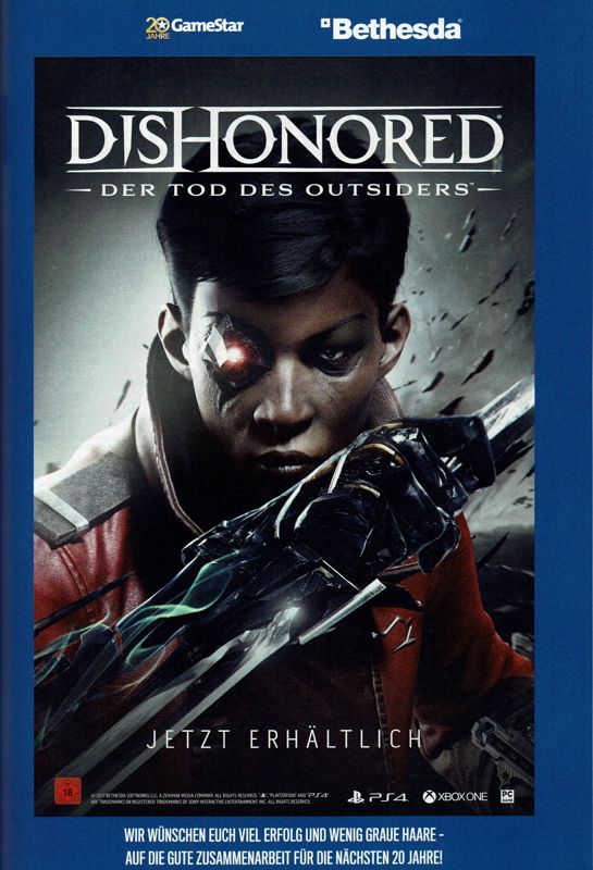 Dishonored: Death of the Outsider Magazine Advertisement (Magazine Advertisements): GameStar (Germany), Issue 10/2017