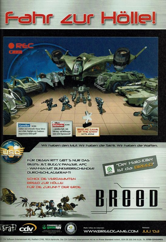 Breed Magazine Advertisement (Magazine Advertisements): GameStar (Germany), Issue 08/2003