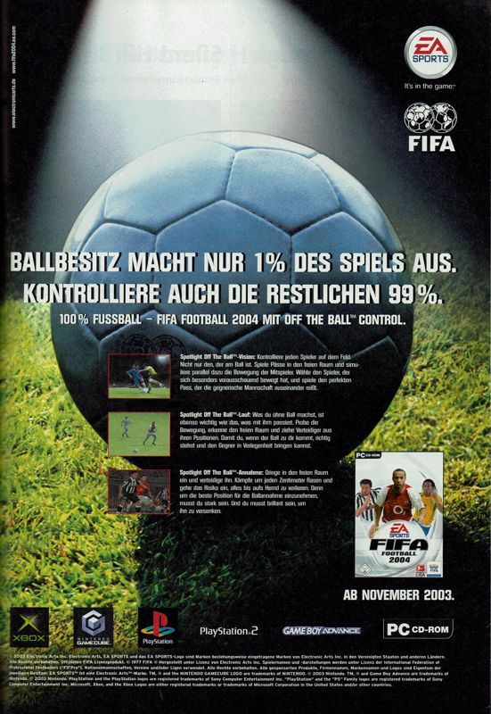 FIFA Soccer 2004 Magazine Advertisement (Magazine Advertisements): GameStar (Germany), Issue 11/2003