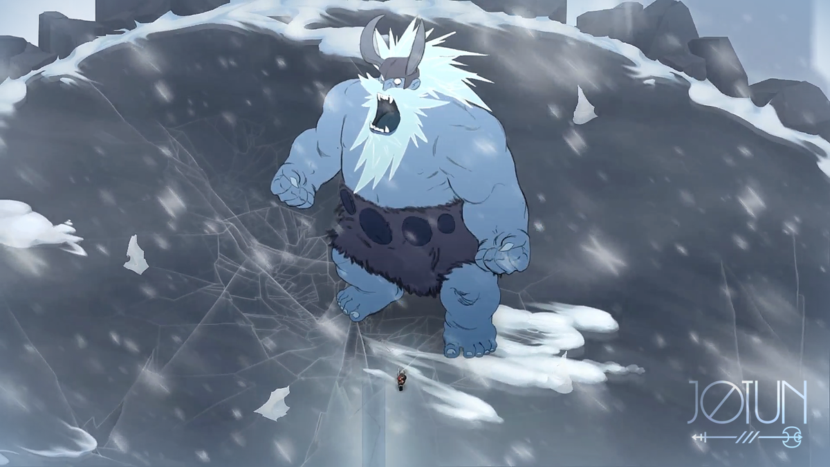 Jotun Screenshot (Official page): EPIC BOSS BATTLES Fight Norse elementals in brutally hard combat. Using your massive two-handed axe and the blessings of the Gods, take on foes that are hundreds of times your size.