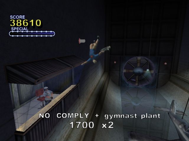 Tony Hawk's Pro Skater 2x Screenshot (Activision E3 2001 Press Kit):<br> Hangar Note "Officer Dick" standing inside a small room operating the Wind Tunnel.