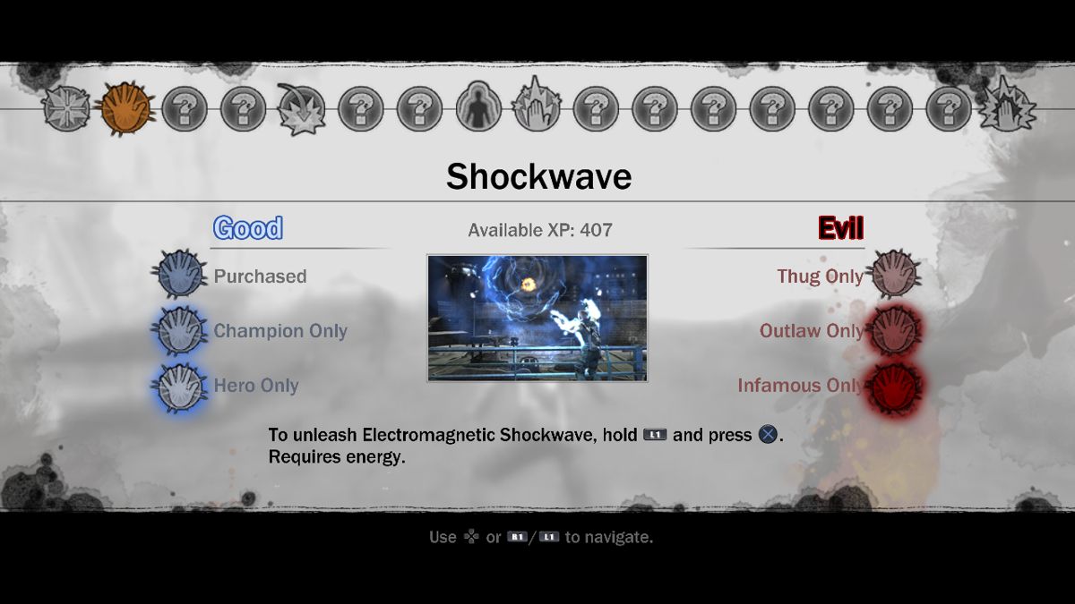 inFAMOUS Screenshot (inFAMOUS Media Disc): UI Shockwave (Karma Reveal - March 09)