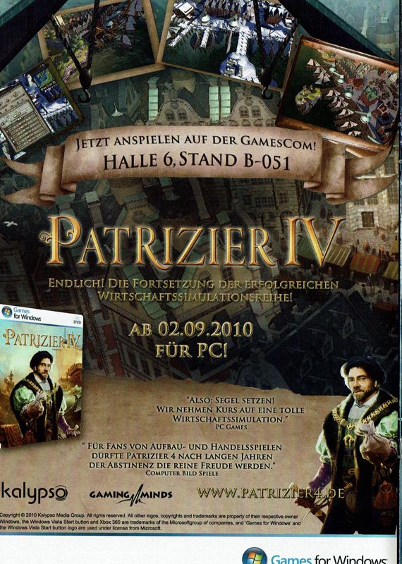 Patrician IV: Conquest by Trade Magazine Advertisement (Magazine Advertisements): PC Games (Germany), Issue 08/2010 GamesCom Insert