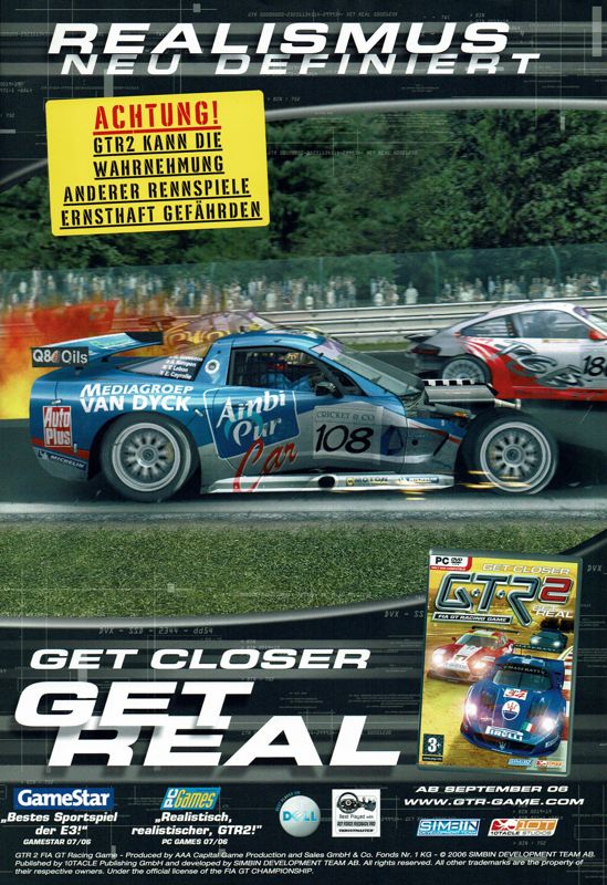 GTR 2: FIA GT Racing Game Magazine Advertisement (Magazine Advertisements): GameStar (Germany), Issue 09/2006