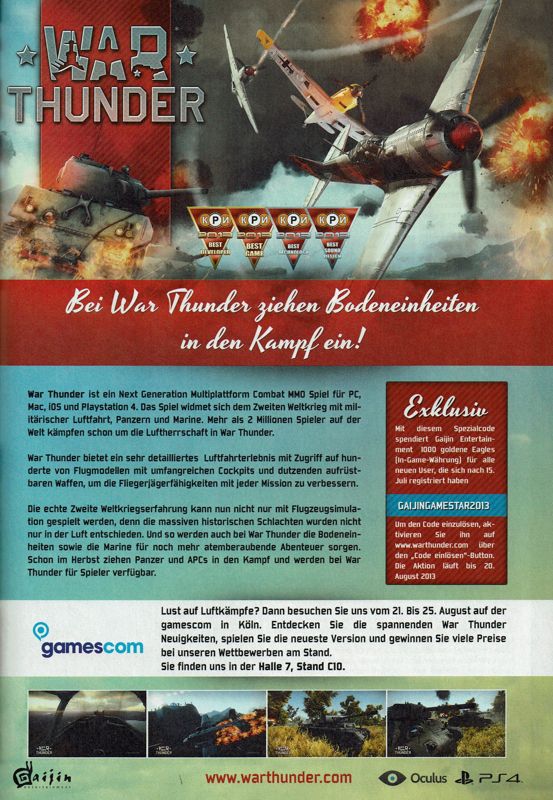 War Thunder Magazine Advertisement (Magazine Advertisements): GameStar (Germany), Issue 09/2013