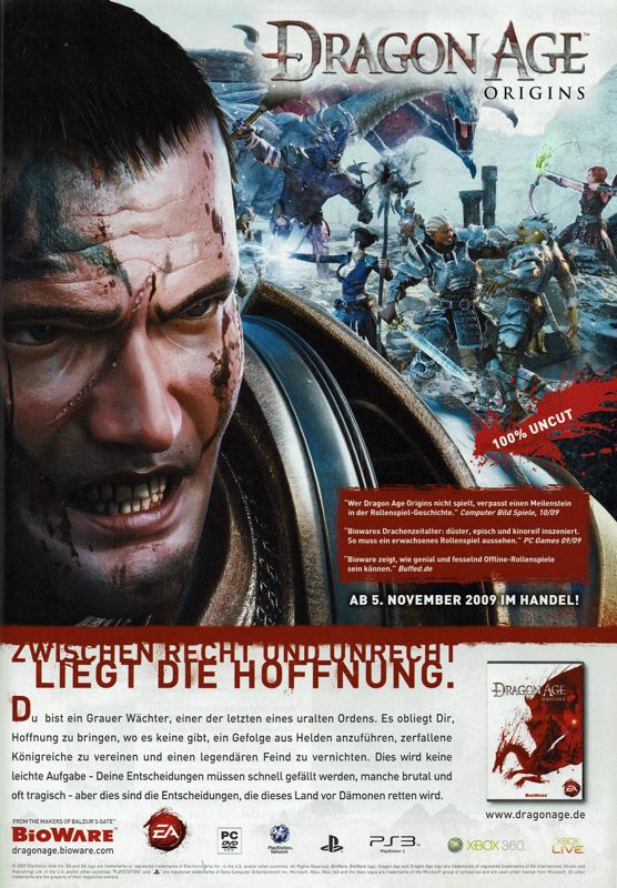 Dragon Age: Origins Magazine Advertisement (Magazine Advertisements): GameStar (Germany), Issue 12/2009