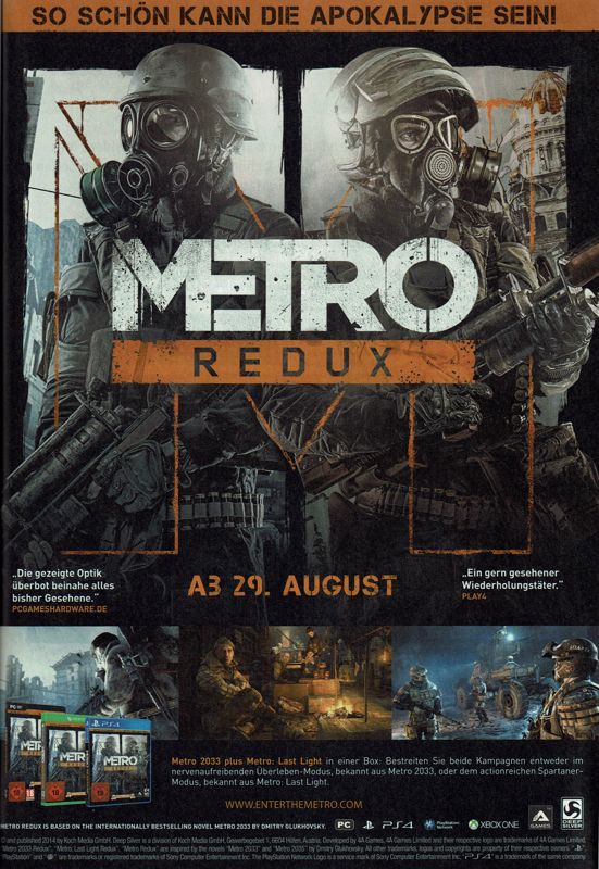 Metro: Redux Magazine Advertisement (Magazine Advertisements): GameStar (Germany), Issue 08/2014
