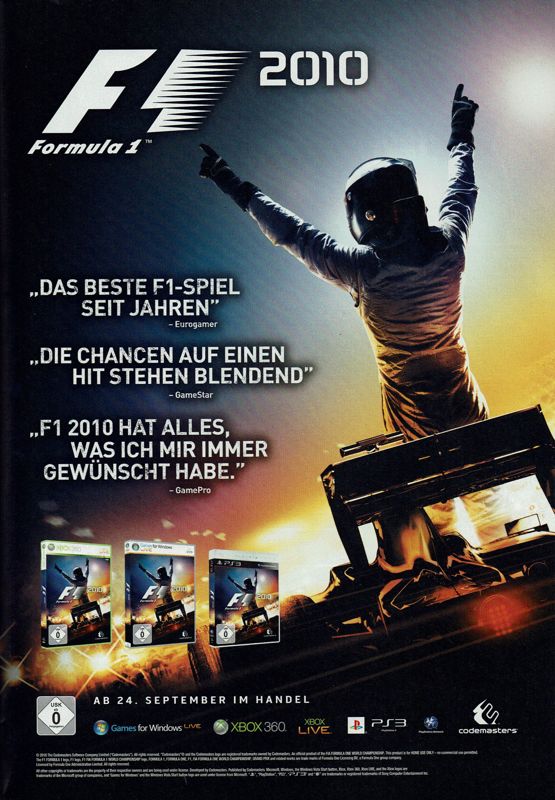 F1 2010 Magazine Advertisement (Magazine Advertisements): GameStar (Germany), Issue 10/2010