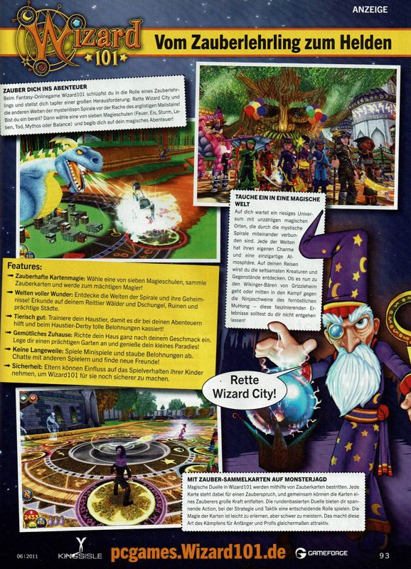 Wizard101 Magazine Advertisement (Magazine Advertisements): PC Games (Germany), Issue 06/2011