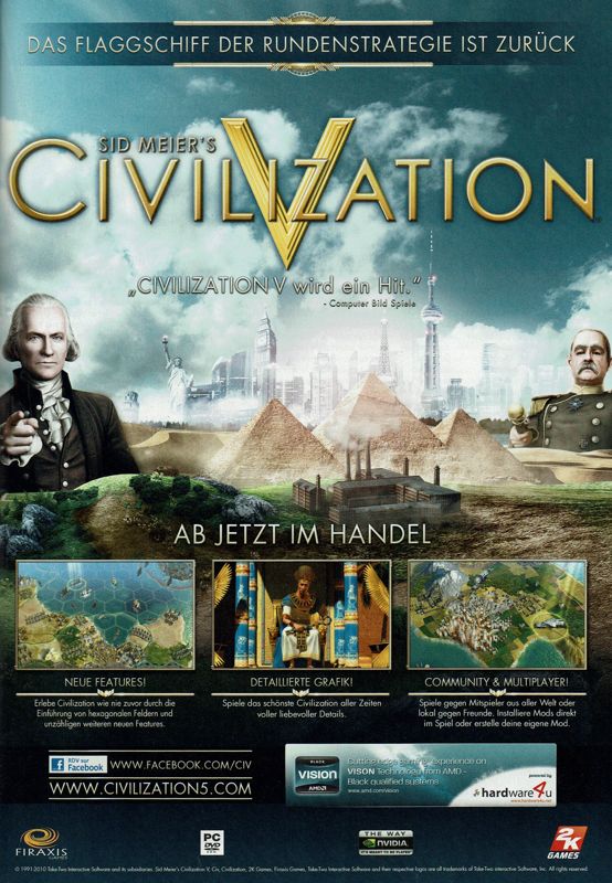 Sid Meier's Civilization V Magazine Advertisement (Magazine Advertisements): GameStar (Germany), Issue 11/2010