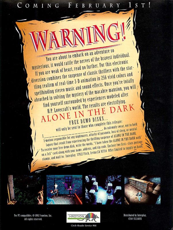 Alone in the Dark Magazine Advertisement (Magazine Advertisements): Computer Gaming World (US), Number 103 (February 1993)