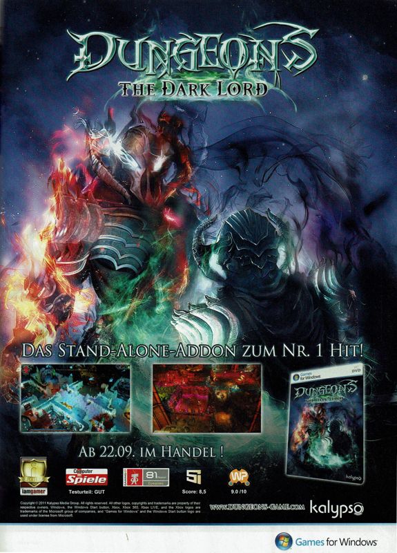 Dungeons: The Dark Lord Magazine Advertisement (Magazine Advertisements#): PC Games (Germany), Issue 09/2011
