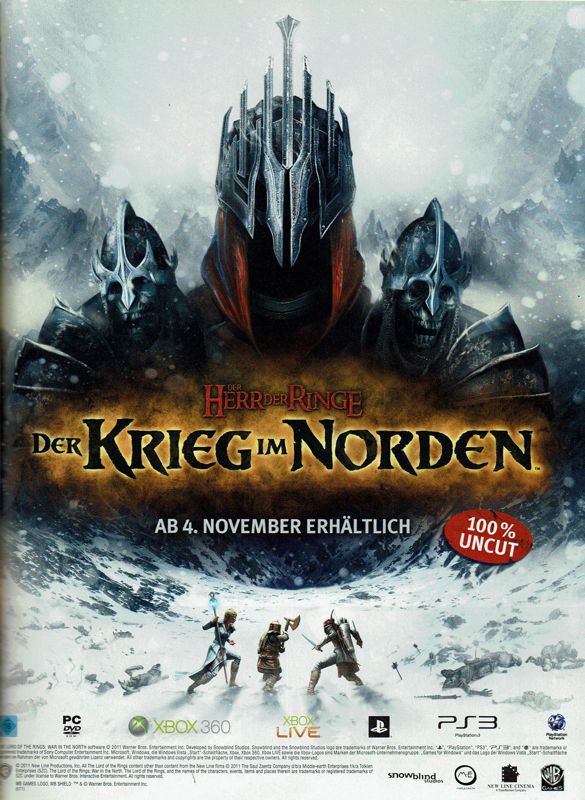The Lord of the Rings: War in the North Magazine Advertisement (Magazine Advertisements): PC Games (Germany), Issue 11/2011 Part 1