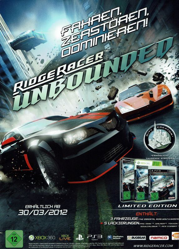 Ridge Racer: Unbounded Magazine Advertisement (Magazine Advertisements): PC Games (Germany), Issue 04/2012