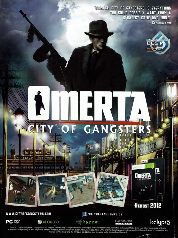 Omerta: City of Gangsters Magazine Advertisement (Magazine Advertisements): PC Games (Germany), Issue 09/2012