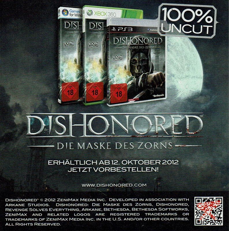 Dishonored Magazine Advertisement (Magazine Advertisements): PC Games (Germany), Issue 09/2012 Part 2