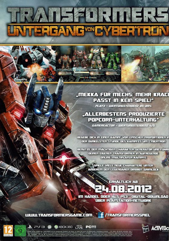 Transformers: Fall of Cybertron Magazine Advertisement (Magazine Advertisements): PC Games (Germany), Issue 09/2012