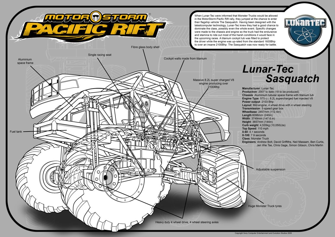 MotorStorm: Pacific Rift Concept Art (MotorStorm: Pacific Rift Media Disc): Monster Truck: Lunar-Tec Sasquatch cutaway poster
