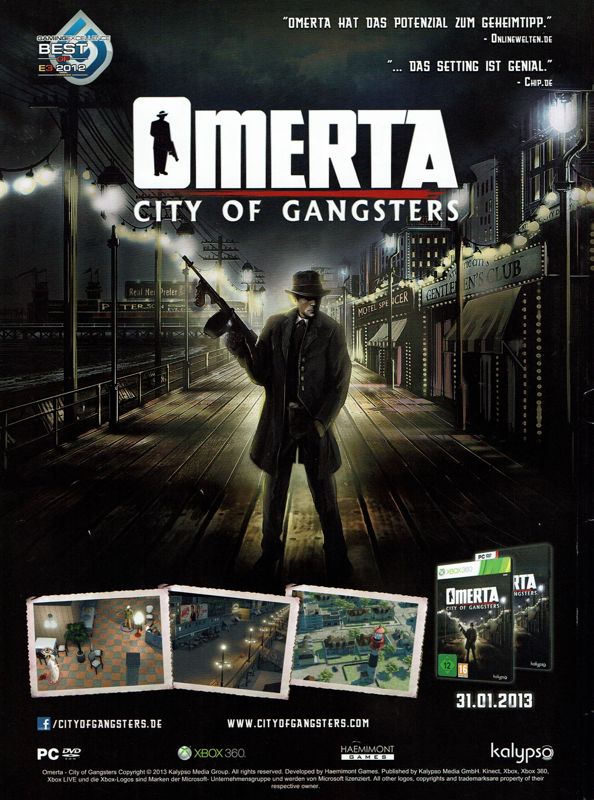 Omerta: City of Gangsters Magazine Advertisement (Magazine Advertisements): PC Games (Germany), Issue 01/2013