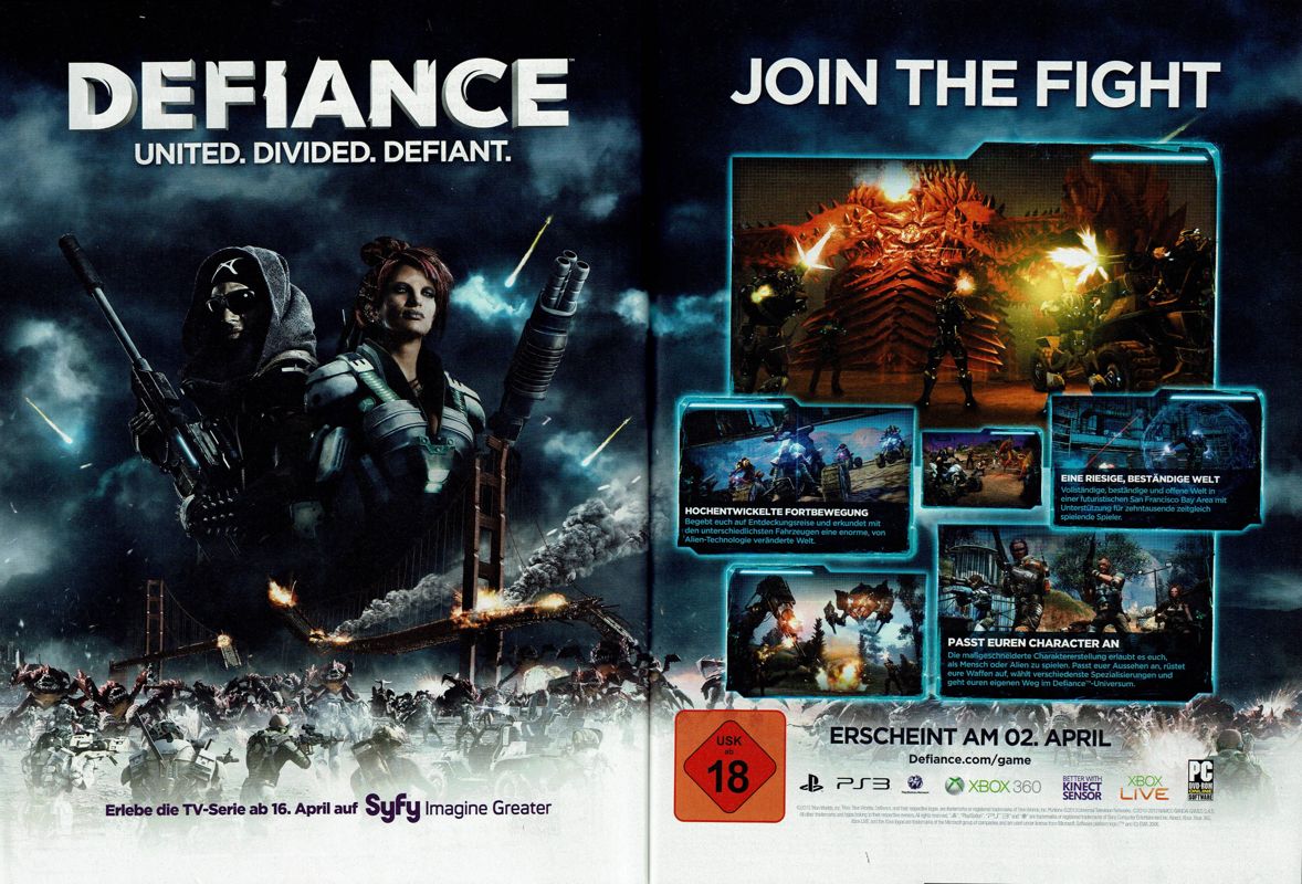 Defiance Magazine Advertisement (Magazine Advertisements): PC Games (Germany), Issue 04/2013