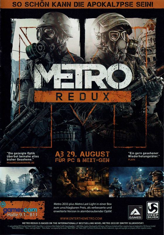 Metro: Redux Magazine Advertisement (Magazine Advertisements): PC Games (Germany), Issue 08/2014 GamesCom Insert